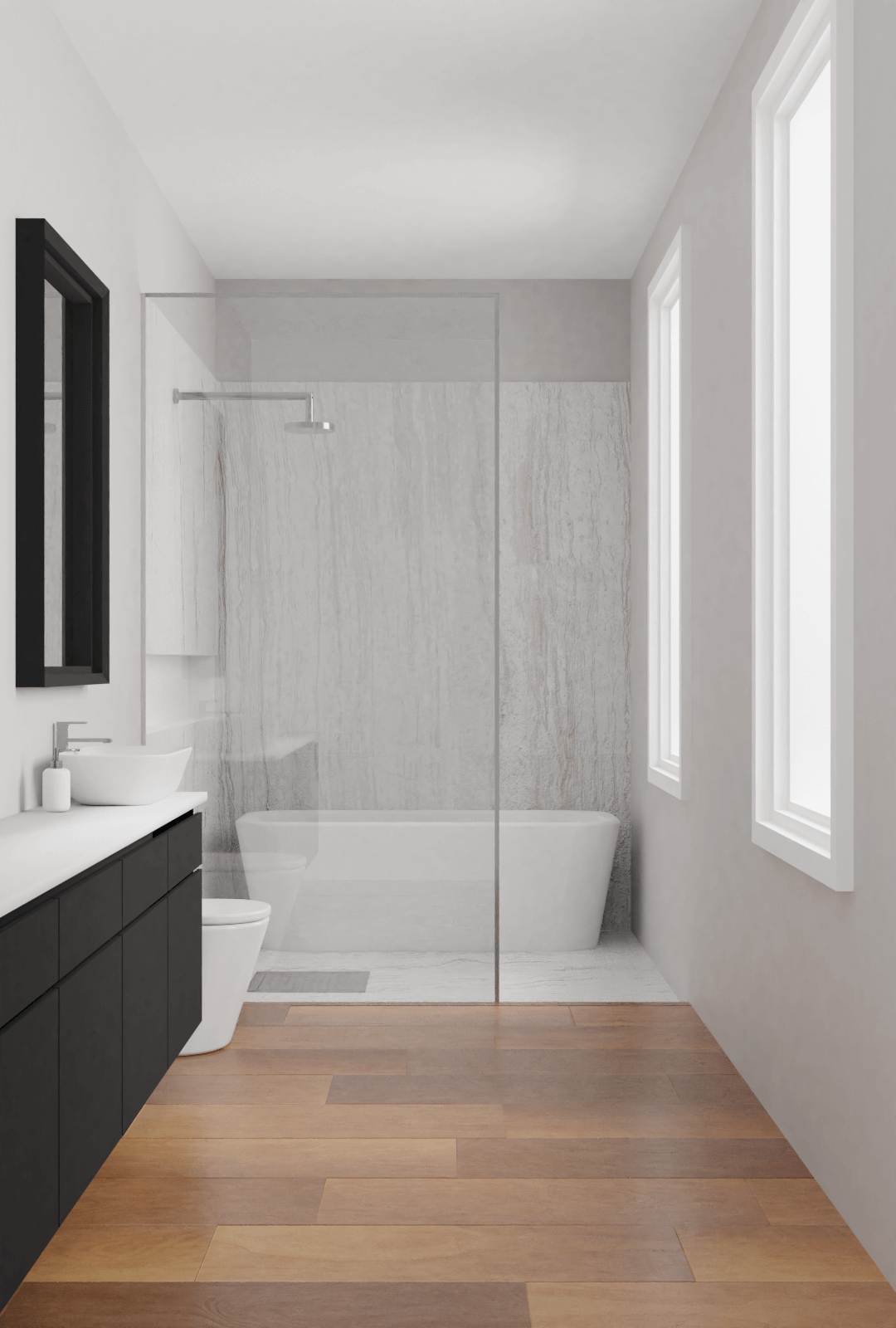 The room in one view — freestanding tub behind the glass shower wall, framed by the tall windows.