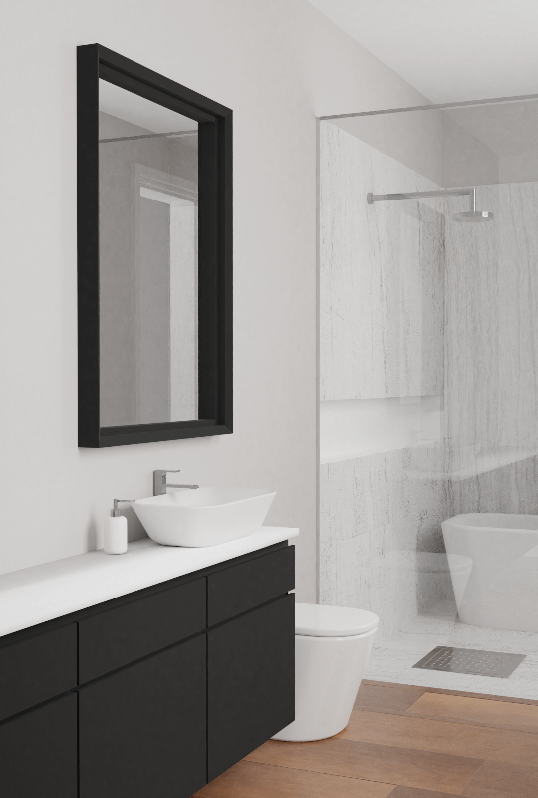 Vanity corner — black cabinet and mirror against white walls, with the stone shower in the background.