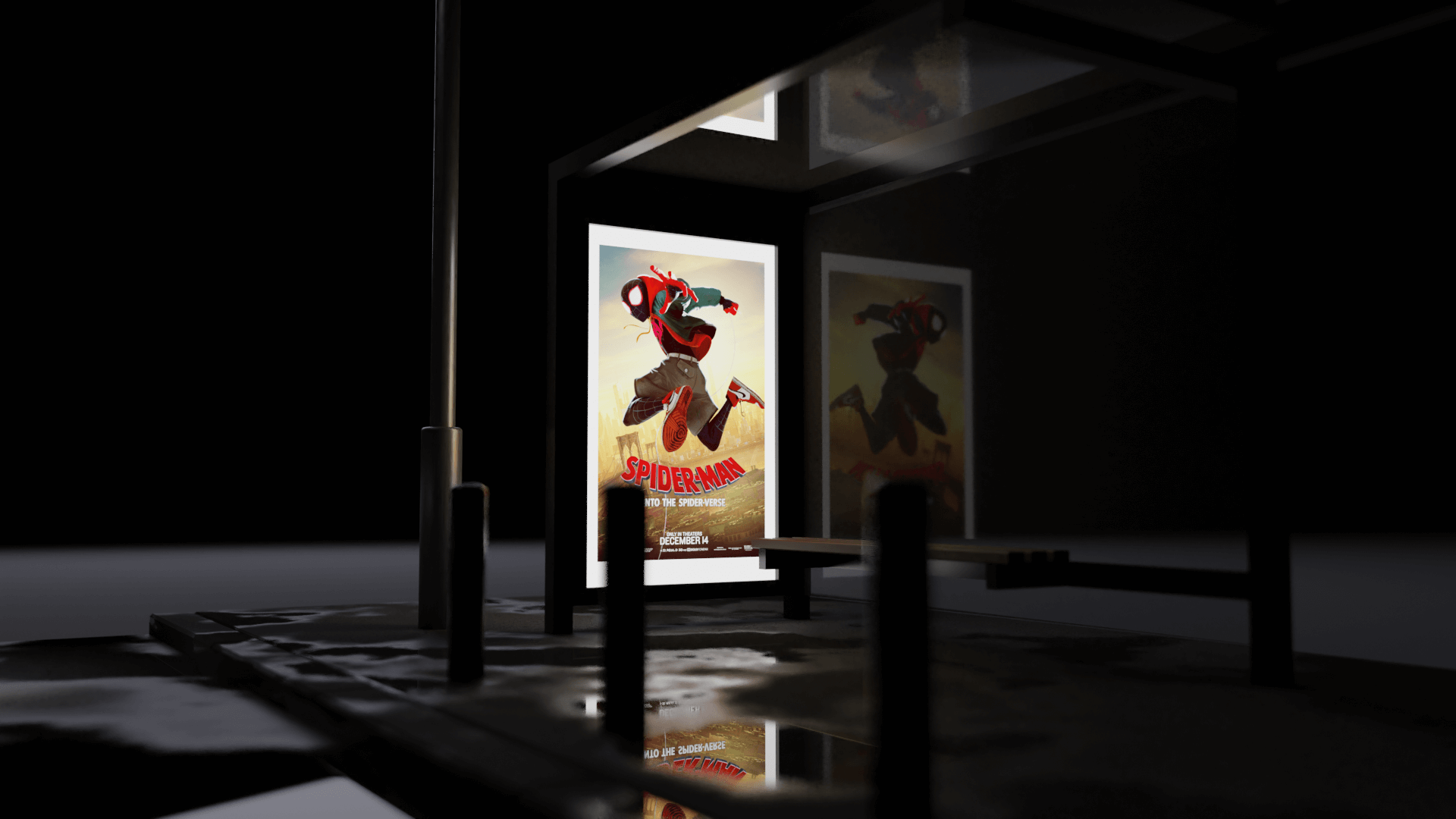 Street-level detail — the backlit poster mirrored in the shelter glass and the puddles on the sidewalk.