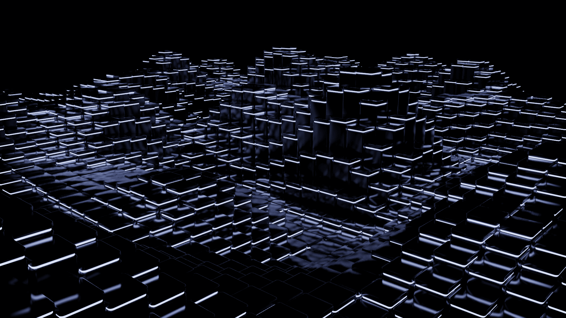 The full grid — an edge-lit landscape of cubes rising out of the dark.
