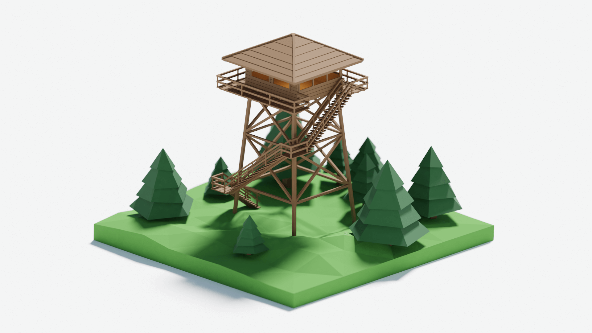 Daylight — the full diorama with the tower, faceted pines and low-poly terrain.
