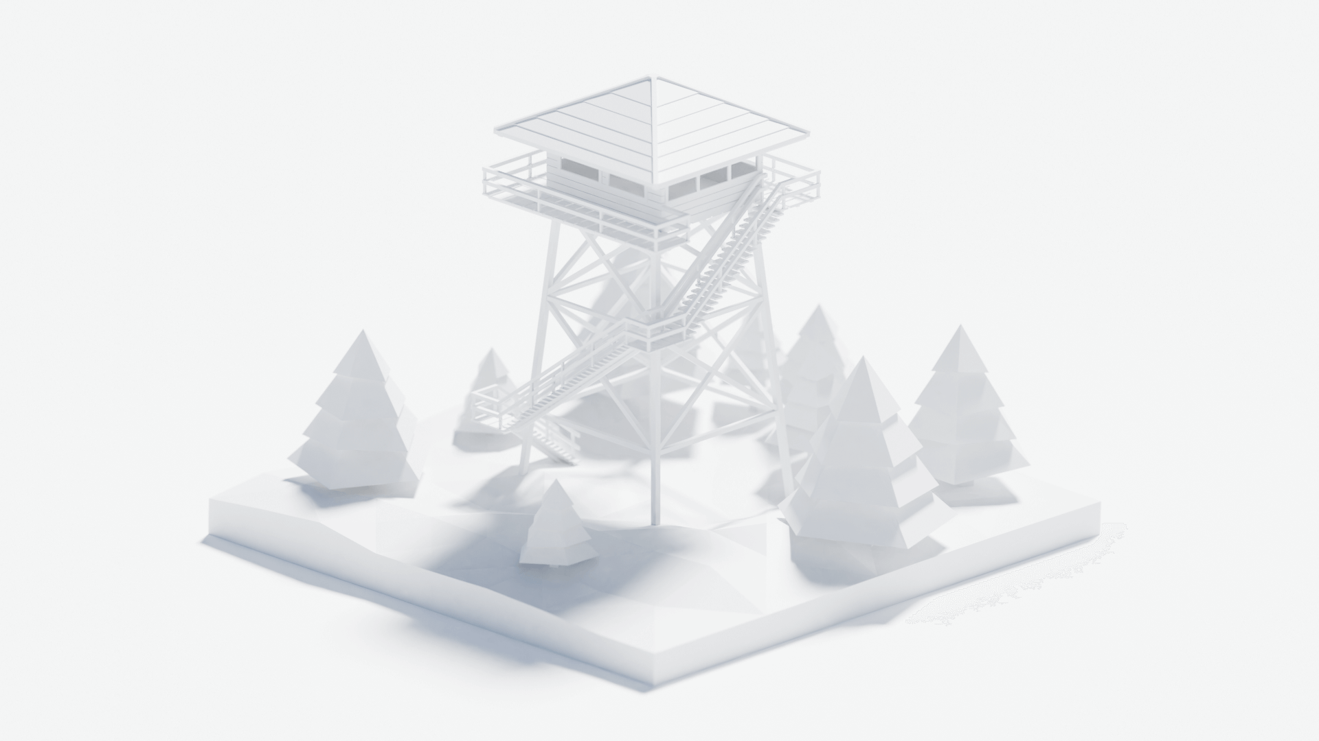 Clay render — materials stripped away to show the bare geometry of the scene.