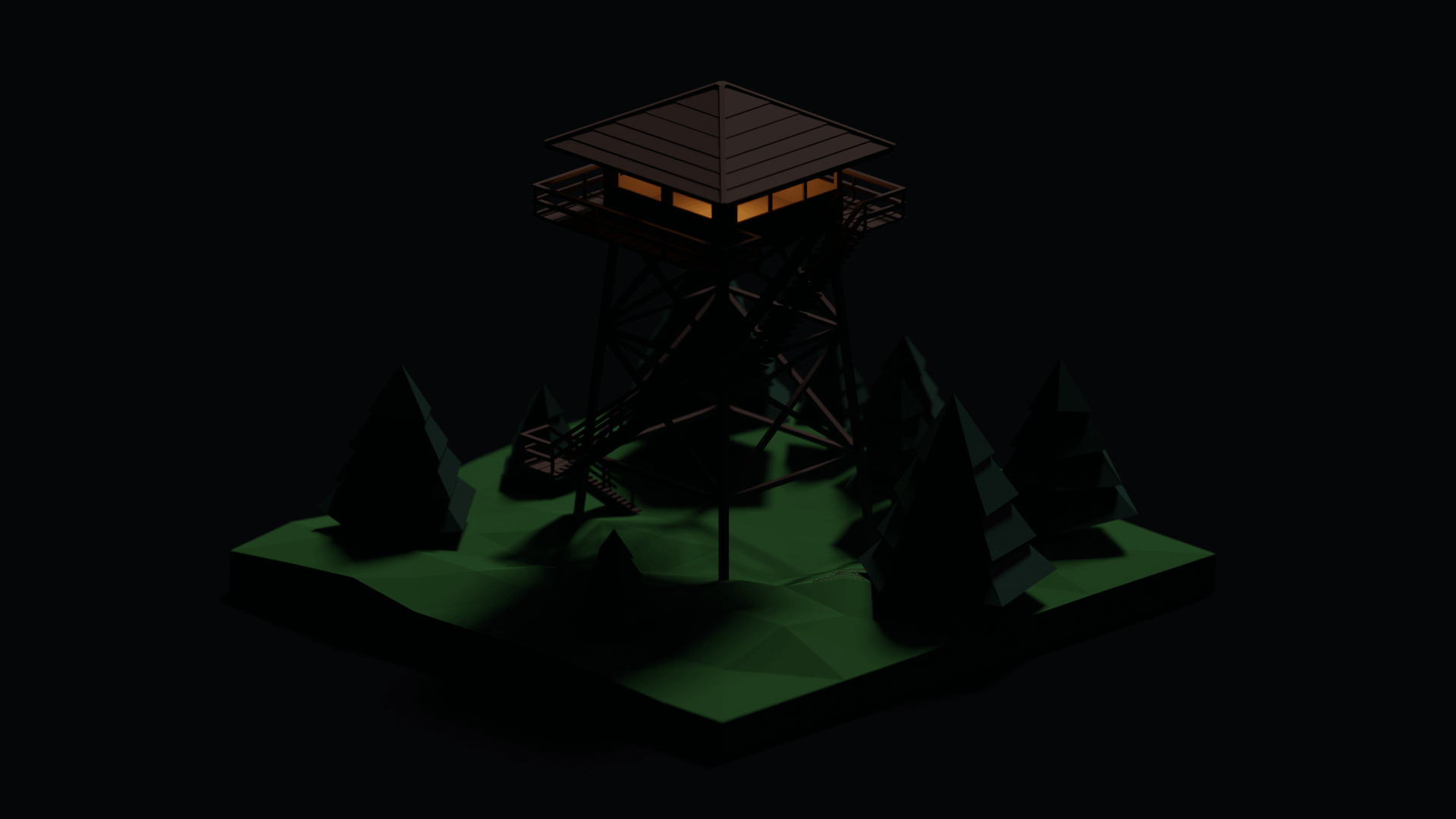 Nightfall — the scene lit only by the warm glow of the cabin windows.