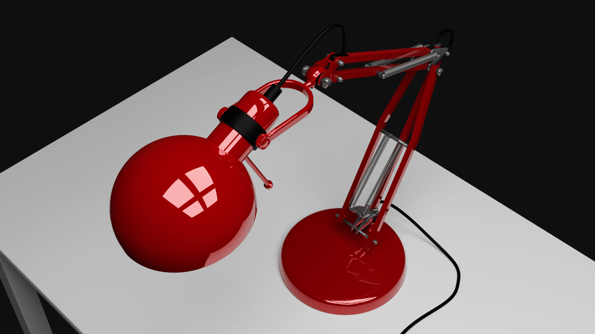 Red edition from above — the full mechanism laid out on the desk.