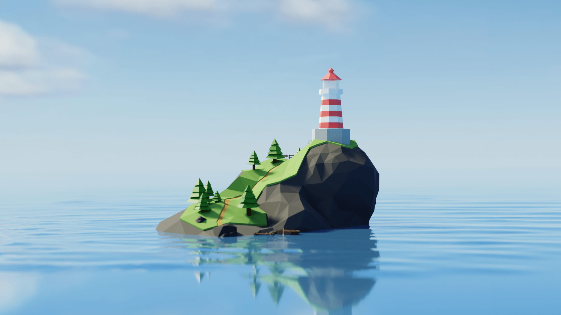Sea level — the island resting on a perfectly calm sea.