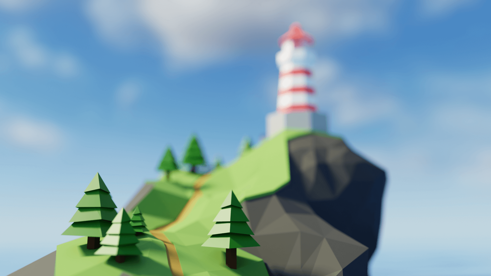 Through the trees — shallow depth of field looking up the path toward the tower.