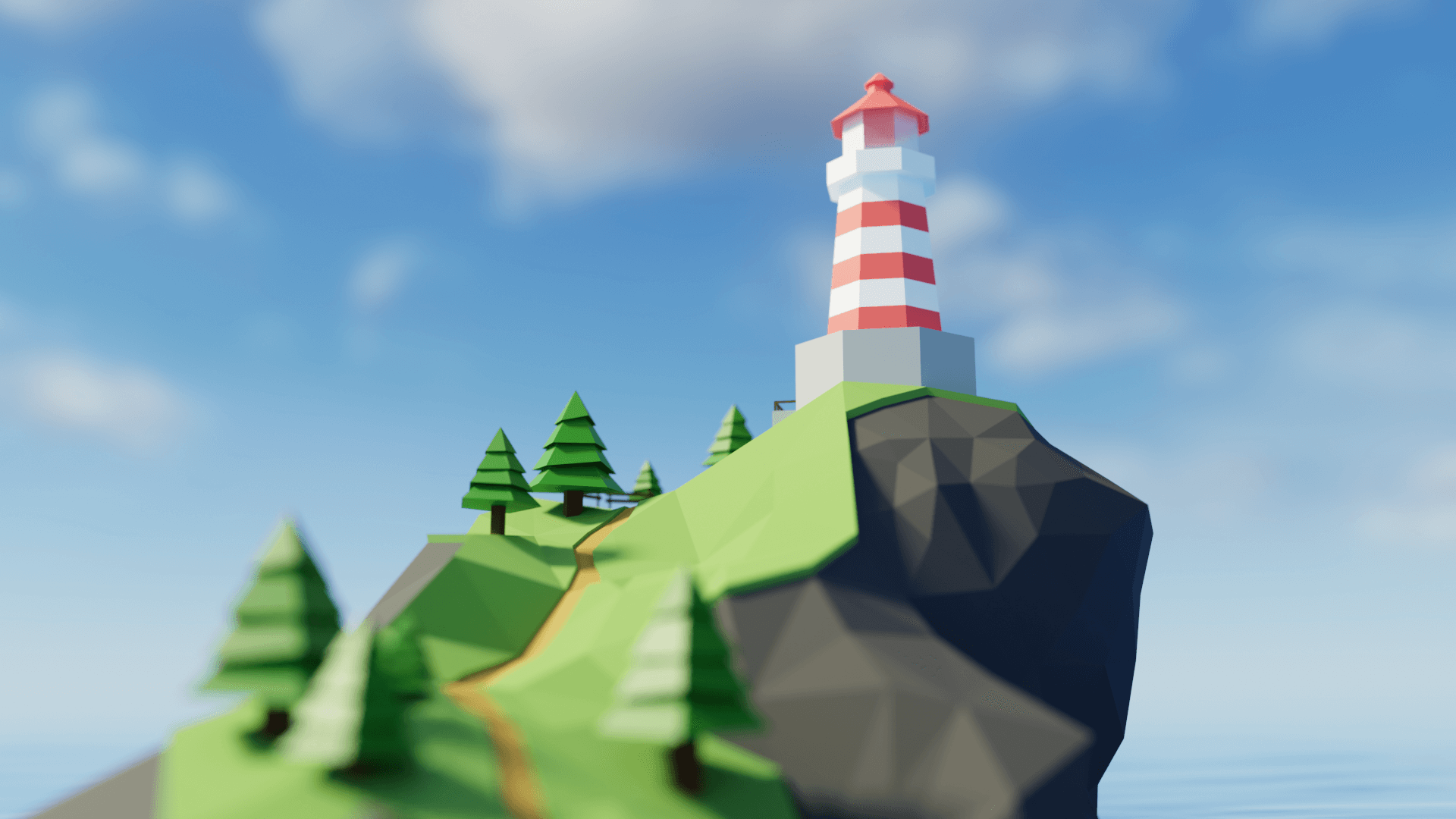 On the ridge — the lighthouse coming into focus above the treeline.