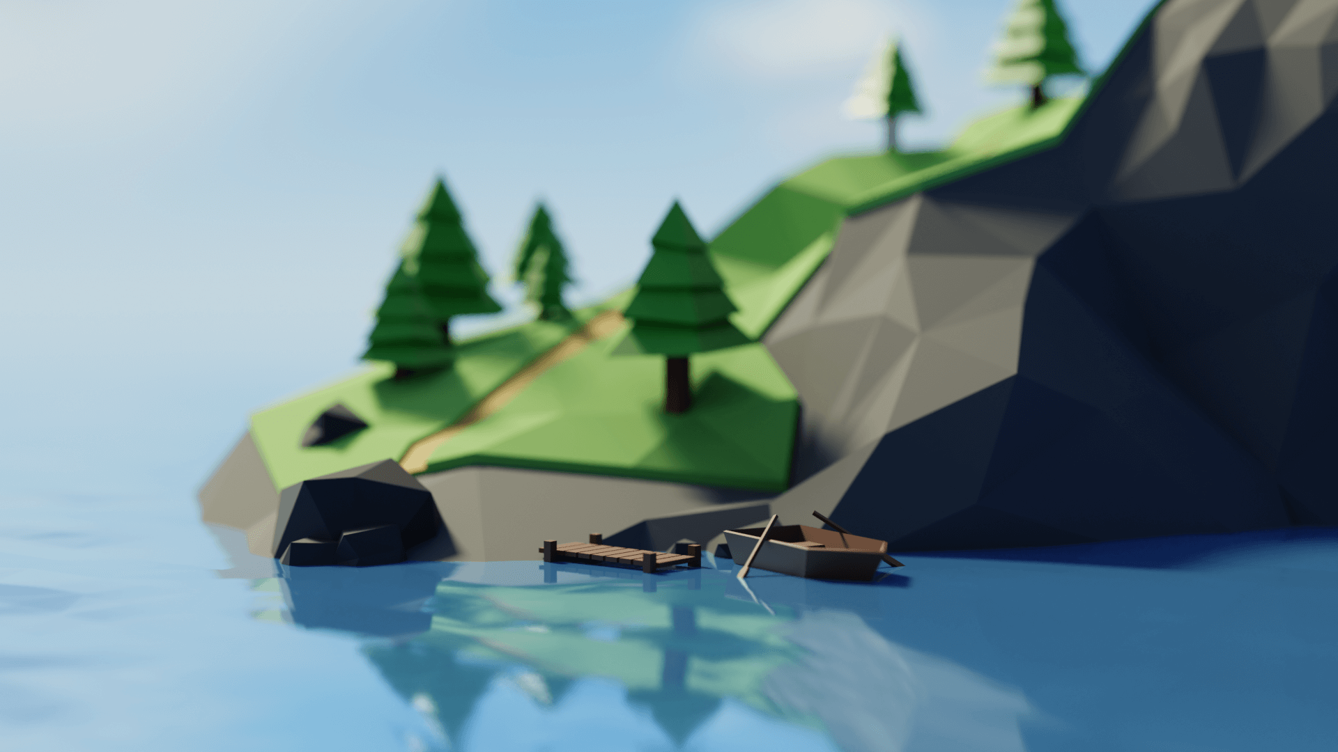 The shore — dock, rowboat and scattered rocks at the water's edge.