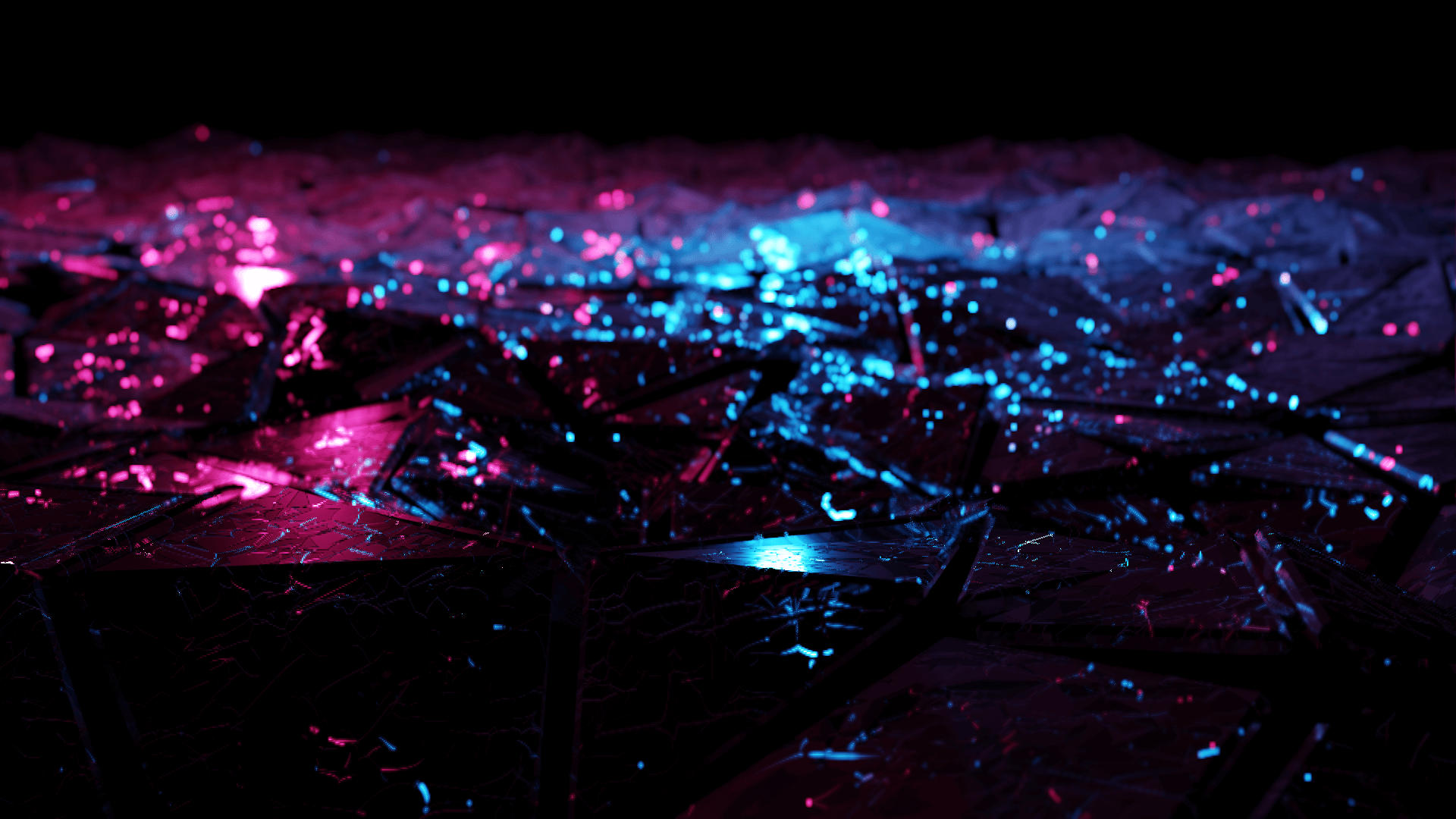 Ground level — the shard field split between magenta and cyan light.