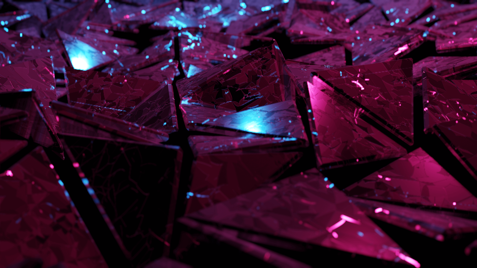 Detail — cracked triangle surfaces catching sparks of both colors.