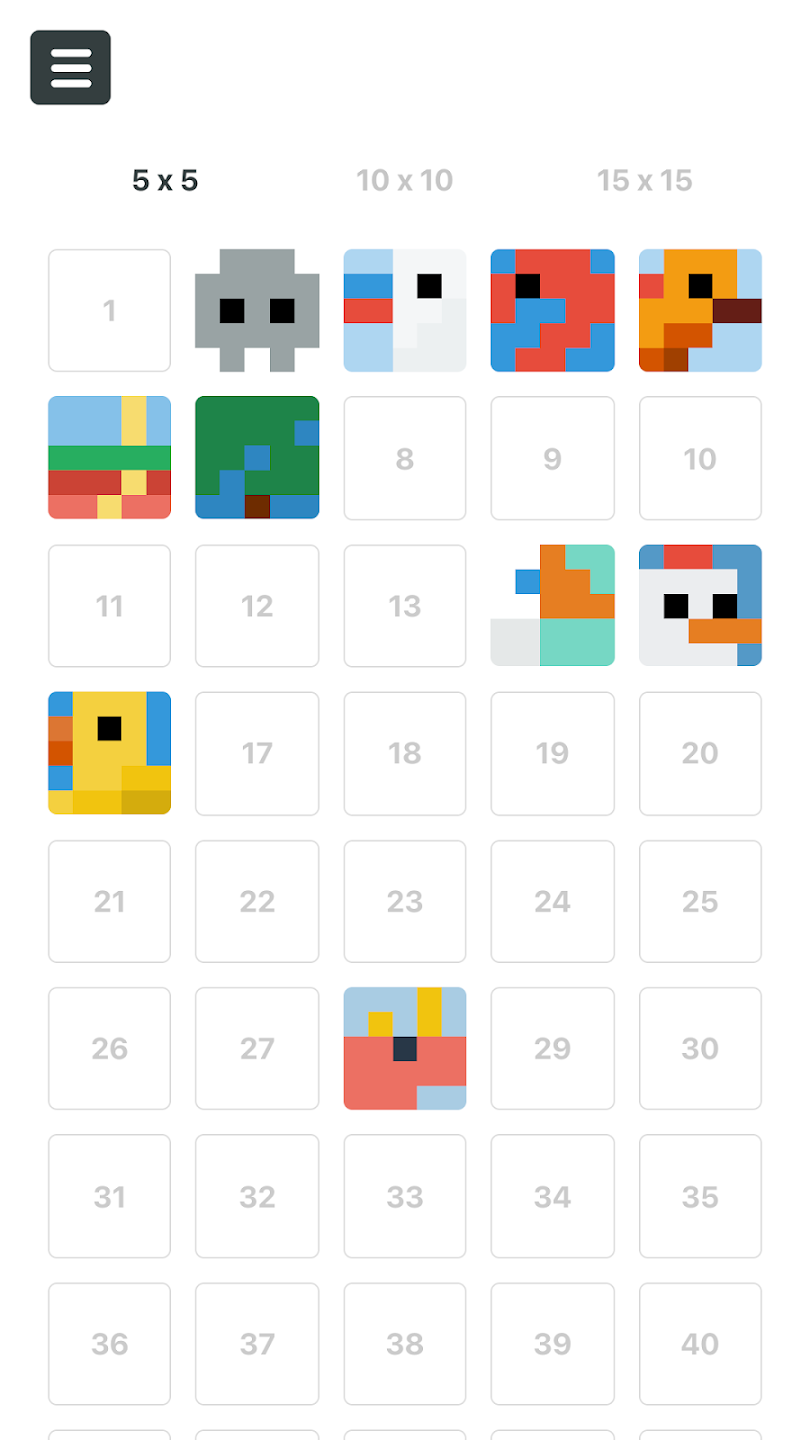Mobile version — level select across 5×5, 10×10 and 15×15 puzzles.