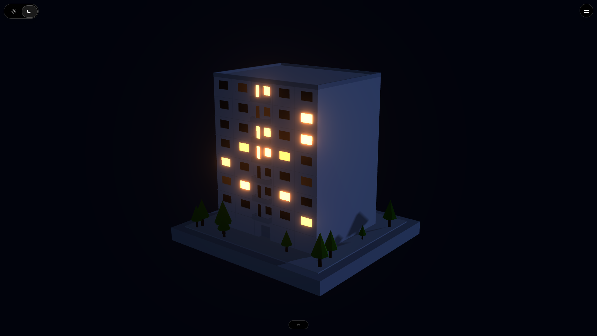 Night mode — animated window lights and a cooler atmosphere.