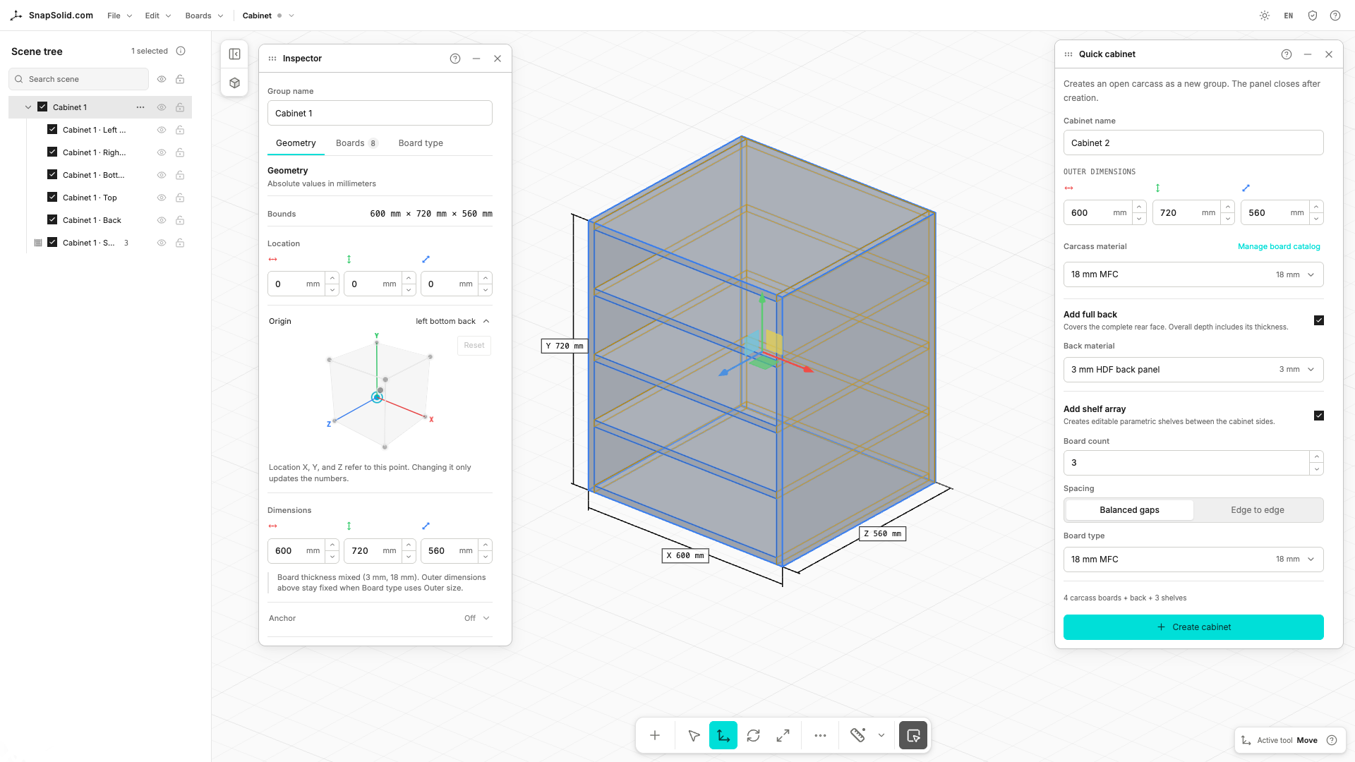 A complete cabinet assembly with its object hierarchy, measurements, dimensions, and board properties available in the same workspace.
