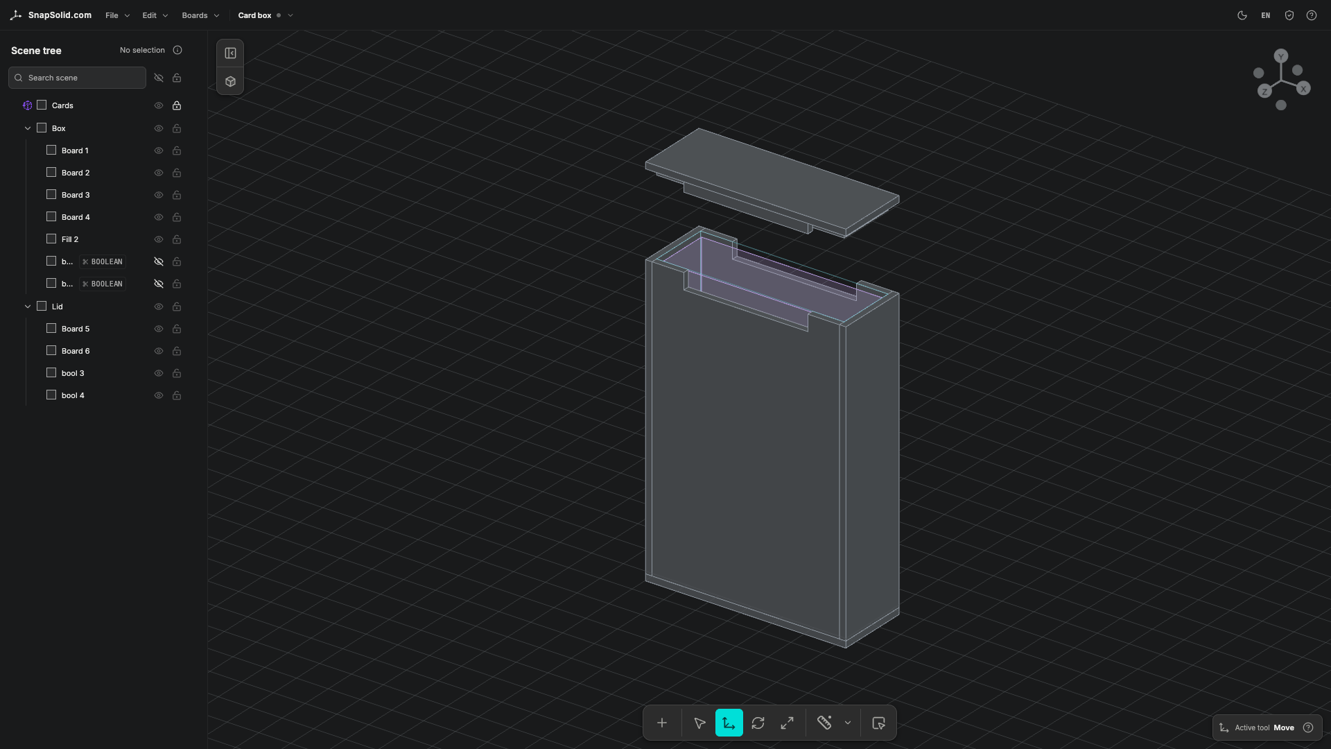 Dark — the main modeling workspace with an active snap connection and selected geometry.