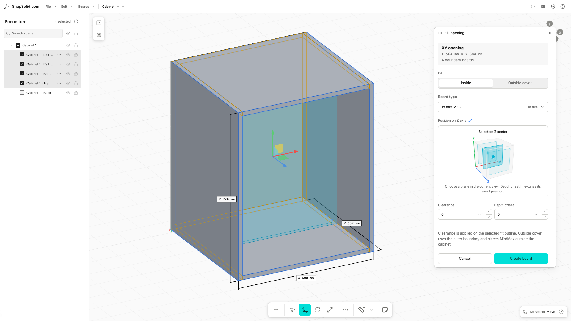 Filling a selected cabinet opening with exact placement, clearance, depth, and board-material controls.