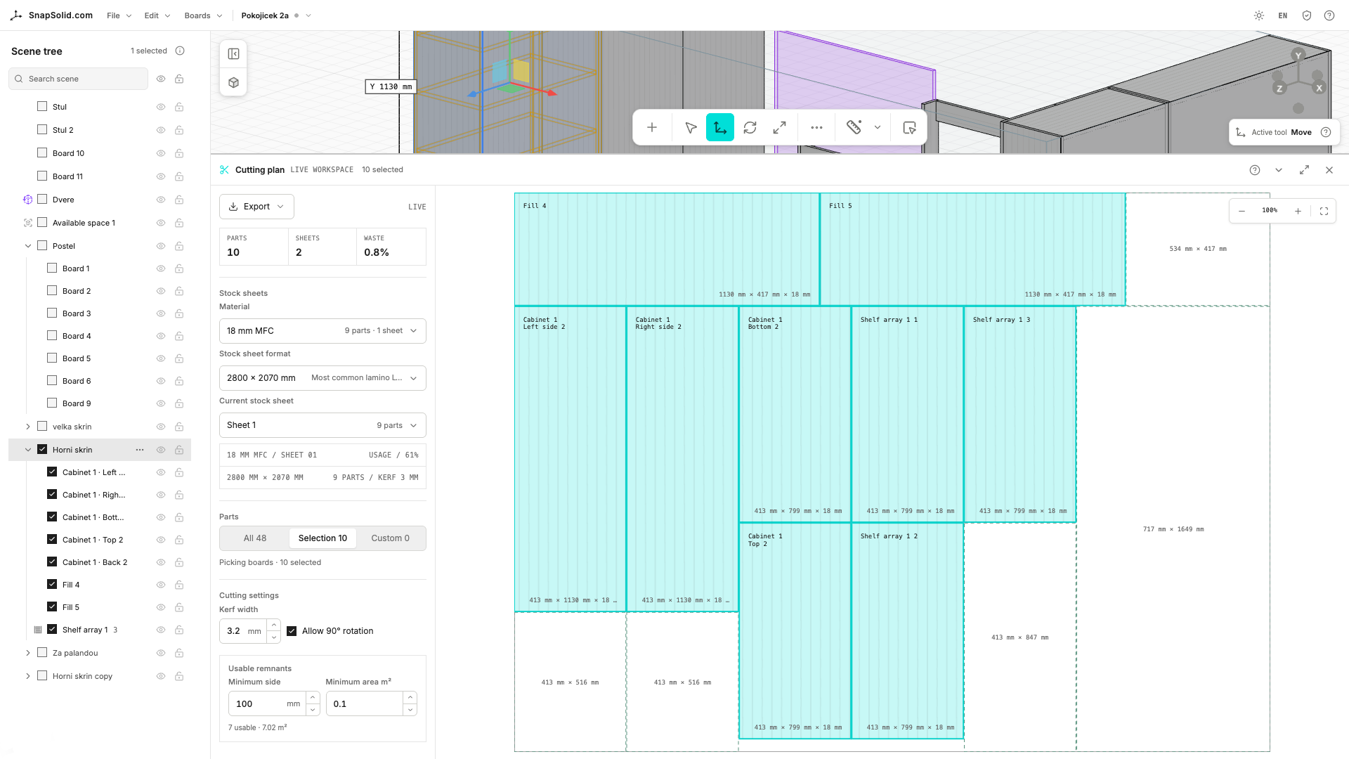 The cutting plan generated from the 3D model, with boards grouped by material and arranged onto configurable sheet stock.