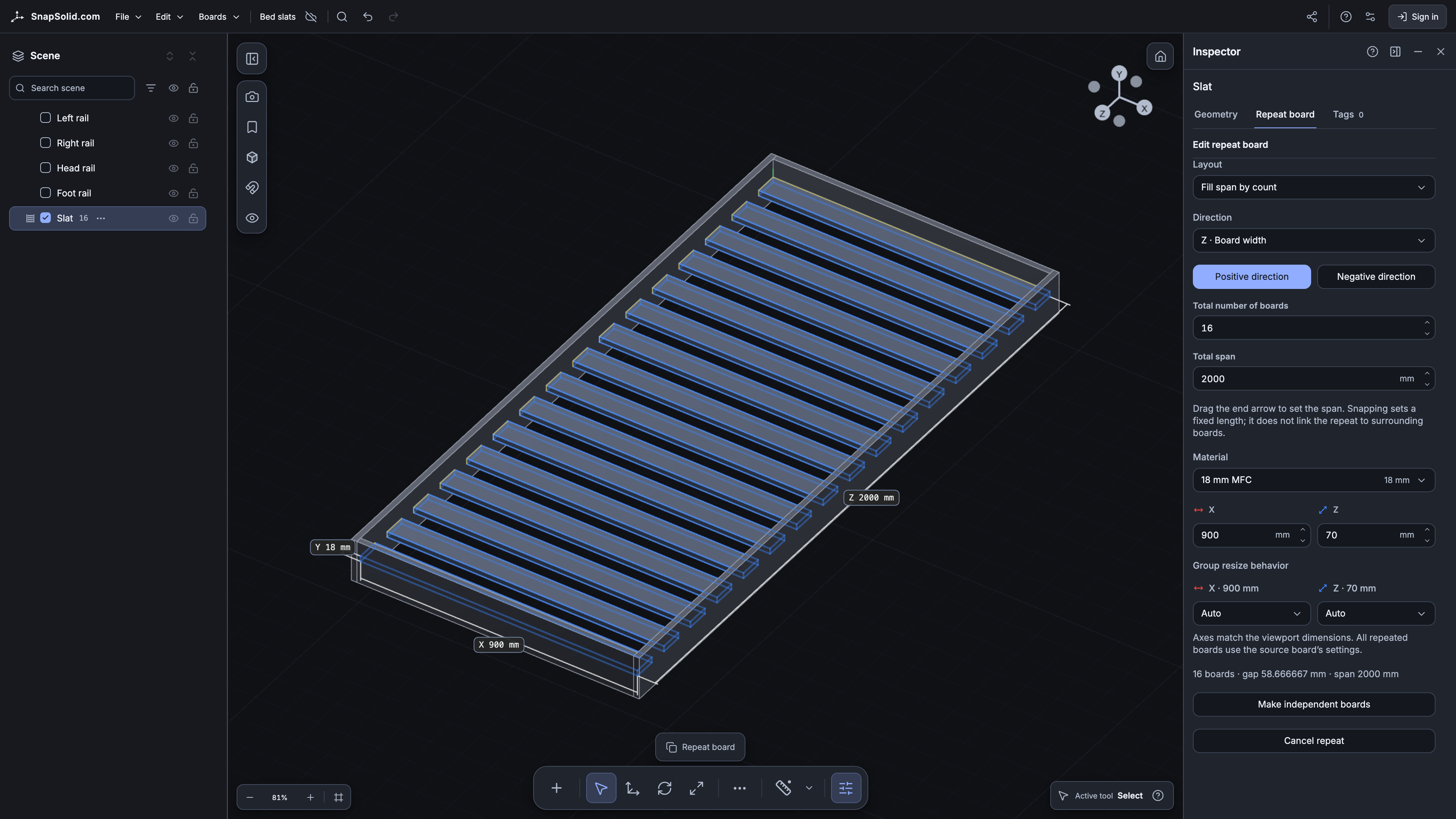 Dark — 16 bed slats with editable Repeat board settings.