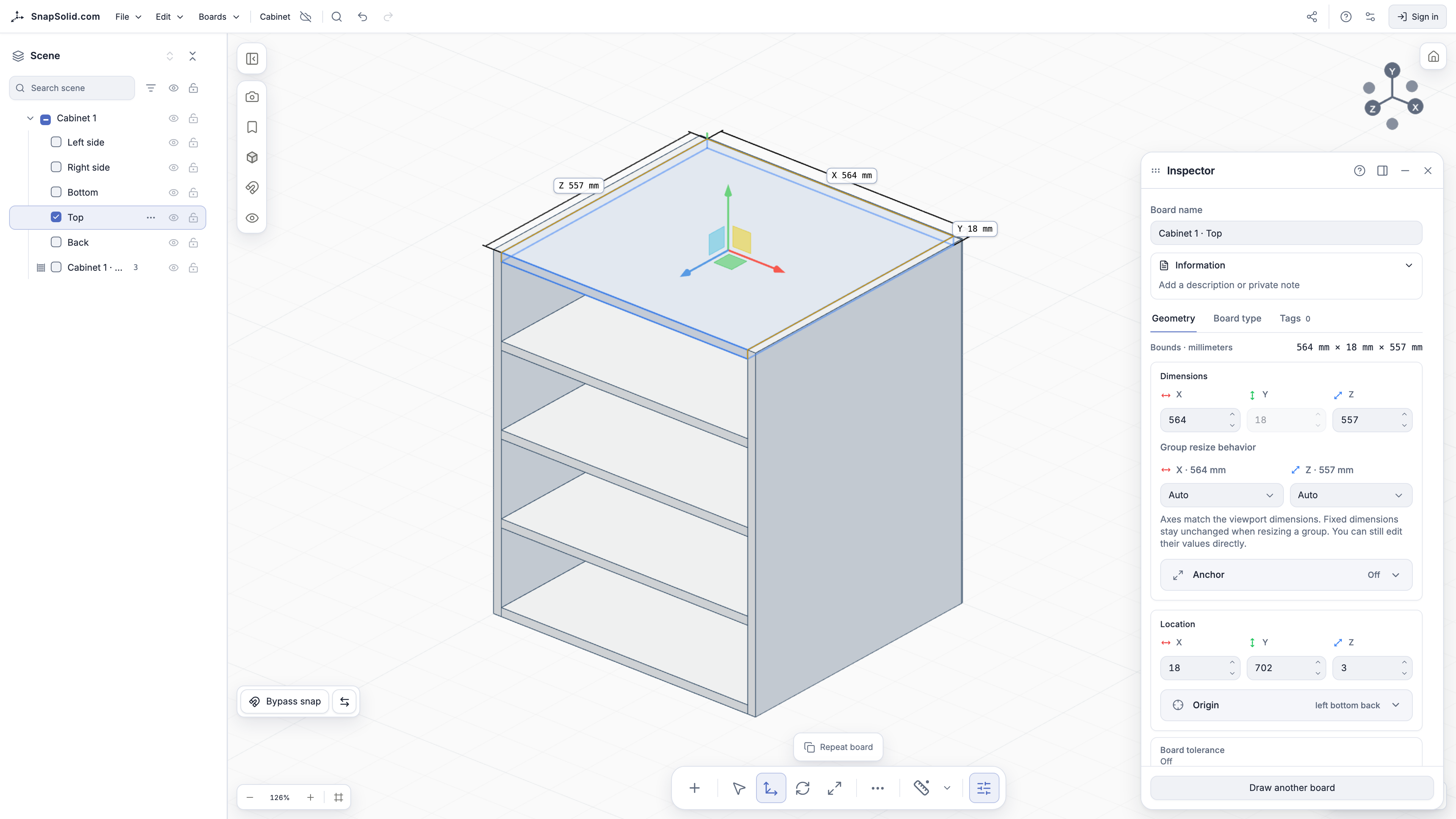 Real board dimensions, direct 3D editing, and the scene hierarchy in one workspace.